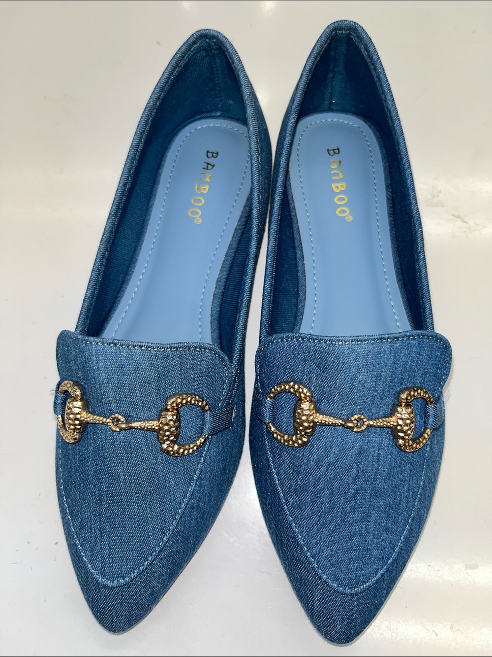 BAMBOO Denim Blue Pointed Toe Loafers with Gold Bit Accent